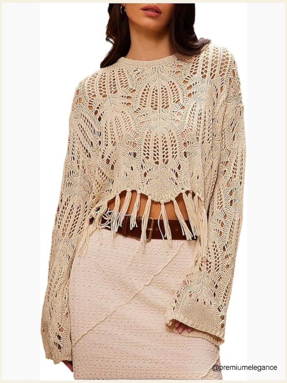 Fringe Crochet Crop Top Long Sleeve Boho Sweater Tassel Knit Vacation Outfit